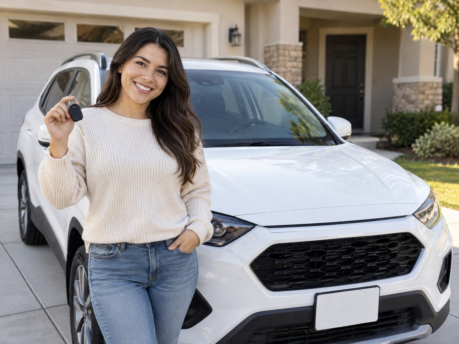 Happy customer holding the keys to her newly insured SUV